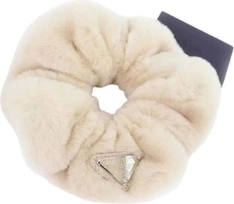 Prada Pre-owned Accessories, female, Beige, Size: ONE SIZE Pre-owned Triangle With logo Sheep fur Hair Accessory