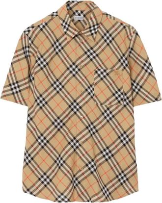 Burberry Relaxed Fit Linnen Overhemd met Ruit - Heren - Korte mouwen Overhemden - Beige - XL - Linnen - Overhemden