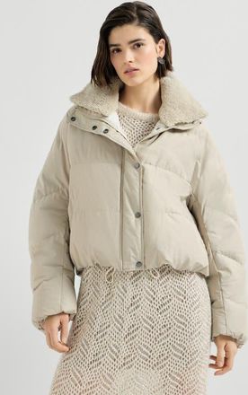 Brunello Cucinelli Techno cotton taffeta down jacket with detachable shearling insert and monili in Sand at Nordstrom, Size 48