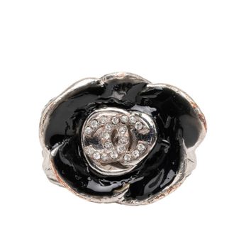 Chanel Silver Black Enamel Metal Band Ring (Pre-Owned)