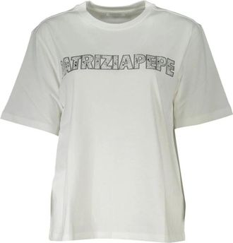 Patrizia Pepe Elegant Wit T-Shirt met Strass Details - Dames - T-shirts - Wit - S - Katoen - Tops