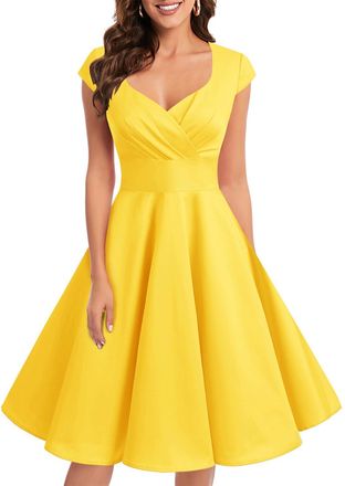 Bbonlinedress Womens 50s 60s A Line Rockabilly Dress Cap Sleeve Vintage Swing Party Dress Yellow 3XL