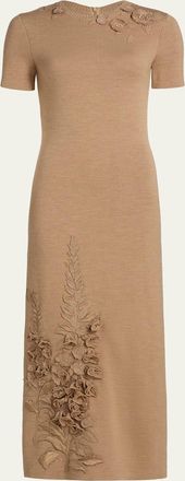 Oscar De La Renta Foxglove Embroidered Short-Sleeve Knit Maxi Dress
