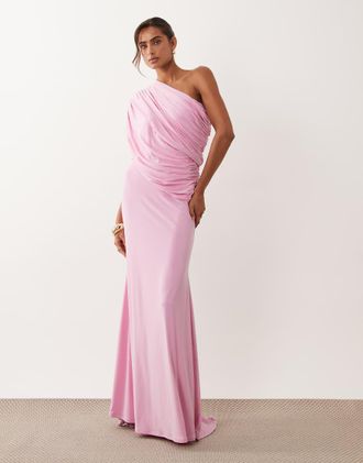 Asos Vestito lungo rosa con corpino avvolgente, spalle scoperte e strascico