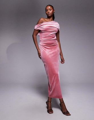 Asos Vestito midi in velluto rosa cipria con spalle scese