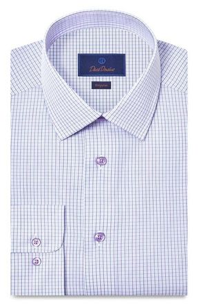 David Donahue Regular Fit Check Cotton Poplin Dress Shirt in White/Purple at Nordstrom, Size 15.5 - 34