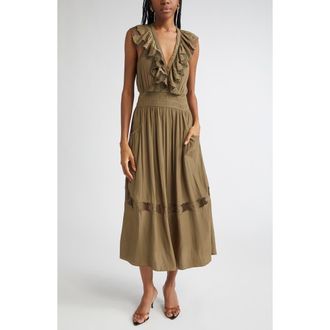 Ramy Brook Laila Ruffle Smocked Waist Maxi Dress in Olive Green at Nordstrom Rack, Size X-Large
