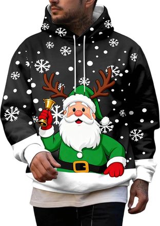 Generic Mens Christmas Hoodie Sweatshirt Funny Christmas Jumpers Mens Christmas Print Hooded Long Sleeve Hoodie Top Santa Festive Sweatshirt Xmas Party Hooded