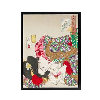 Artery8 Yoshitoshi Woman With Pet Cat Vintage Japanese Framed Canvas Art | Size: W24 x H32