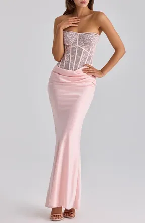 House of CB Ayana Strapless Lace & Satin Mermaid Gown in Pink at Nordstrom, Size X-Small A
