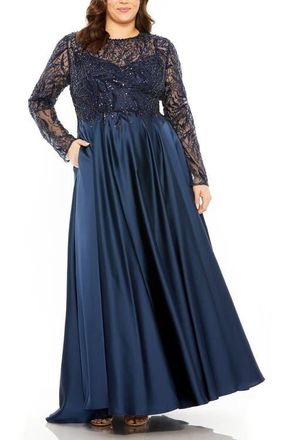 Mac Duggal Sheer Long Sleeve Beaded Top Satin Gown in Midnight at Nordstrom, Size 16W