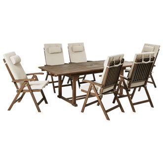 Beliani Conjunto De Comedor Exterior R&uacute;stico 6 Plazas Mesa Extensible Sillas Reclinables Madera Acacia Oscura Con Cojines Gris Pardo Amantea Premium