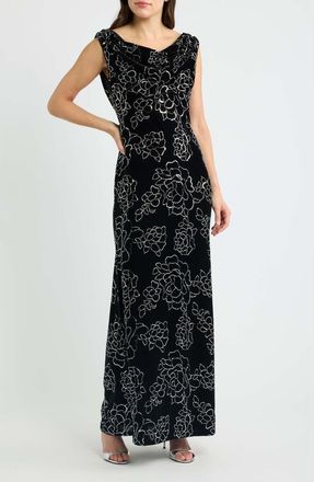 Eliza J Floral Sequin Drape Neck Velvet Gown in Black Silv at Nordstrom, Size 12