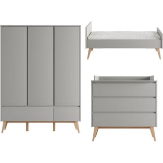 OEM Chambre Compl&egrave;te Lit &Eacute;volutif 70x140 Commode &Agrave; Langer Et Armoire 3 Portes Pinio Swing Gris Et Bois