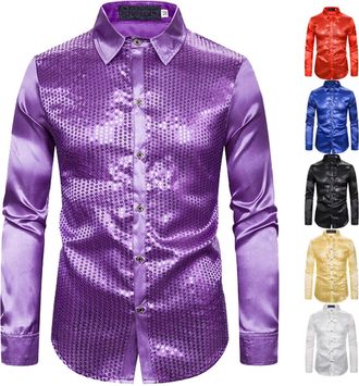 Generic Mens Shiny Sequin Shirts Sparkly Vintage 70s Disco Outfits for Men Metallic Sequin Top for Men Glitter Dress Shirt Slim Fit Button Down Rave Shirts We
