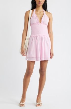 BP. Tie Back Halter Cotton Blend Minidress in Pink Sweet at Nordstrom, Size Xx-Small