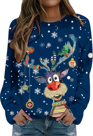 Generic Christmas Sweatshirts for Women UK Funny Christmas Jumpers with Reindeer Snowflake Graphic Print Womens Ugly Xmas Sweatshirt Loose Fit Xmas Jumpers Lo