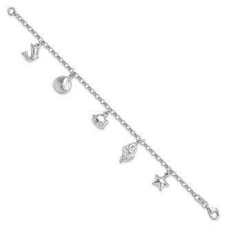 Diamond2Deal Sterling Silver Rhodium-plated Beach Theme Charm Bracelet 7