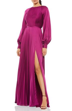 Mac Duggal Pleated High Neck Raglan Long Sleeve Side Slit Gown in Berry at Nordstrom, Size 2