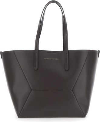 Brunello Cucinelli Brown Tote Bag With Logo Lettering On The Front And Geometric Panels Design In Leather
