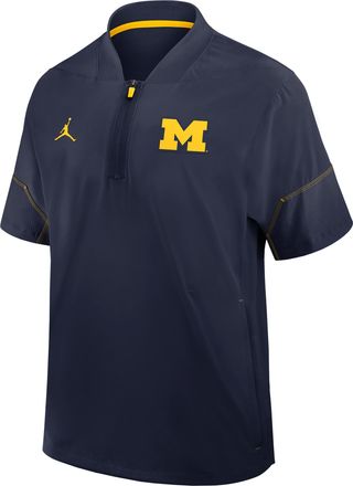 Nike Jordan Mens Michigan Sideline Coach Jordan Brand College 1/2-Zip Short-Sleeve Hooded Jacket in Blue | 0JBOCNAMMWN-6XU