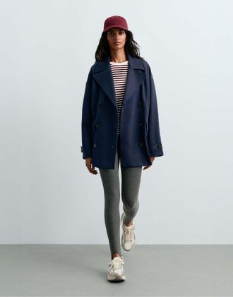 Oysho giacca lunga in piqu&eacute; di cotone a 6 bottoni navy-blu navy