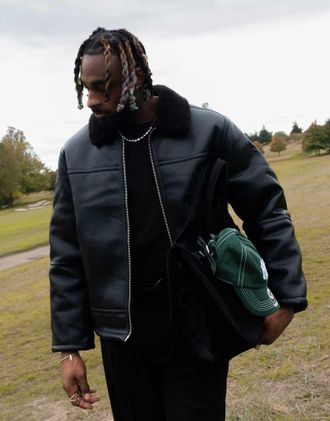 Topman Giacca in montone sintetico nera con tasche con zip-Nero