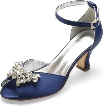 Generic Bridal Wedding Shoes Low Heel Wedding Shoes Bride Rhinestones Mid Heels Bridal Shoes Women Wedding Sandals 6.5Cm,Dark Blue,5 UK