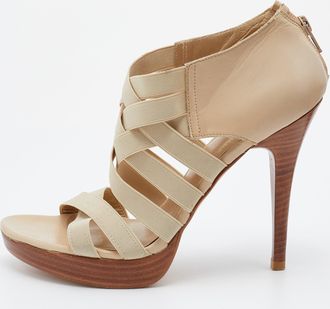 Stuart Weitzman Cream Leather And Elastic Fabric Cross Strap Sandals