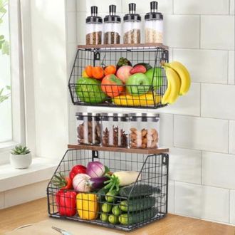 OEM Cesta De Frutas De Pared De Madera Natural De 2 Niveles Con Tapa Y 4 Ganchos, Apilable Para Guardar Frutas Y Verduras En La Cocina - Ulisem
