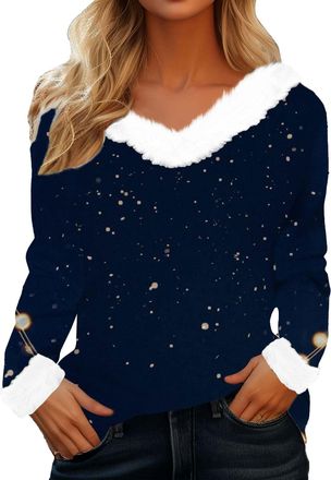 Generic Womens Christmas Faux Fur Trim Sweaters, Xmas Novelty Starlight Print V Neck Long Sleeve Sweatshirts Holiday Cozy Pullover Warm Tops Winter Casual Sty