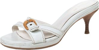 Sergio Rossi White Leather Buckle Detail Platform Slide Sandals