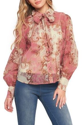 Flying Tomato Floral Tie Neck Long Sleeve Button-Up Shirt in Ivory Pink at Nordstrom Rack, Size Large