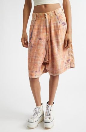 R13 Jesse Plaid Pleated Cotton Wide Leg Carpenter Shorts in Overdyed Orange Purple Plaid at Nordstrom, Size 29