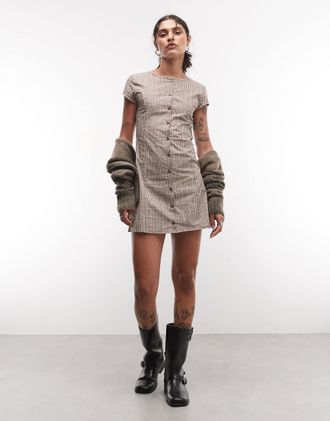 Reclaimed Vintage vestito corto in cotone con chiusura con bottoni a quadri marroni-Multicolore