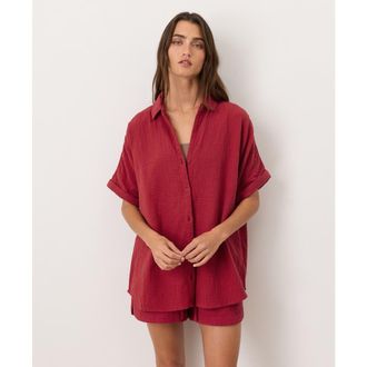 Pact Organic Cotton Coastal Double Gauze Relaxed Shirt in Poppy Red at Nordstrom, Size Xx-Large