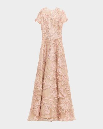 Naeem Khan Floral Raffia Embroidered Tulle Short-Sleeve Gown