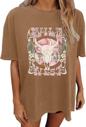 Generic Oversized Wild West Cowboys T-Shirt for Women Western Rodeo Graphic Tee Short Sleeve Loose Vintage Country Music Tee Top 2025 New