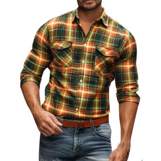 Generic Mens Classic Plaid Shirts Fashion Checked Tartan Print Long Sleeve Lumberjack Casual Button Down Shirt with Pocket Collared V-Neck Muscle Bodybuilding