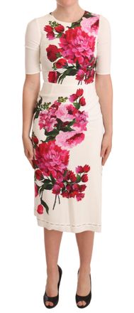 Dolce & Gabbana Womens Floral Print Midi Dress Half Sleeves - White Viscose - Size EU 38 (Womens)