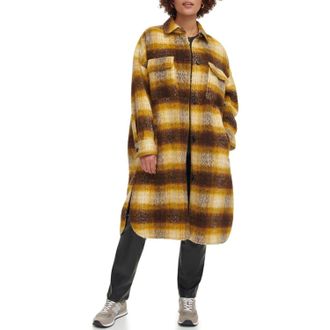 Levi's Longline Shirt Jacket Womens Yellow Brown Plaid Button Front FROG330