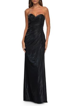 La Femme Metallic Jersey Dress with Ruching and Sweetheart Top in Black at Nordstrom, Size 10
