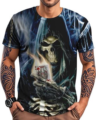 Generic Halloween T Shirt Men,Poker Skull Printed Halloween Crewneck Tee Shirt - Trendy Summer Basic Tops Misty Death Skull Poker M