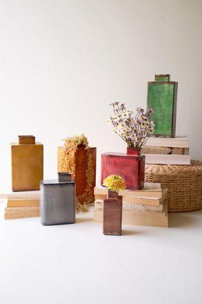 Kalalou Set Of Six Painted Metal Vases - One Each