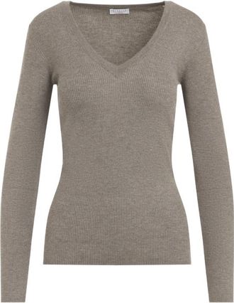 Brunello Cucinelli Brown Knitted V Neck Sweater