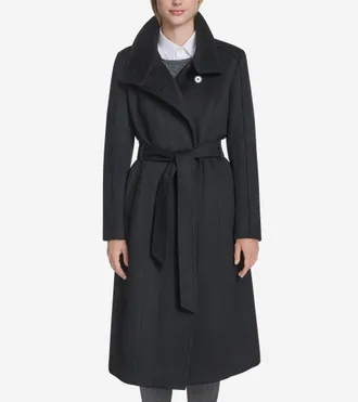 Cole Haan Womens Slick Wool Belted Coat - Black Size 14