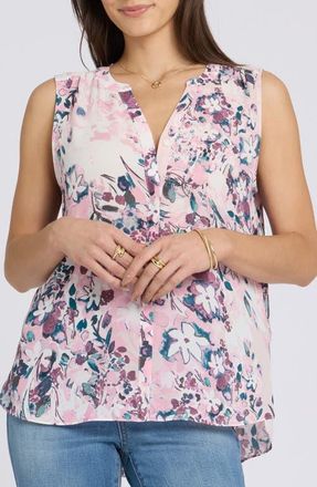NYDJ Print Pleat Back Sleeveless Split Neck Blouse in Floral Dreams at Nordstrom, Size Xx-Small