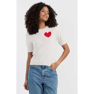 Chinti and Parker Pure Merino Heart Breton Short Sleeve Sweater in Cream at Nordstrom, Size X-Large