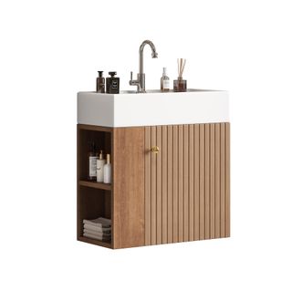 STILVORA Mueble Bajo Lavabo Con 1 Puerta Y Estantes Laterales, Frontal En Relieve 3d, Para Bano, En Mdf, Marron