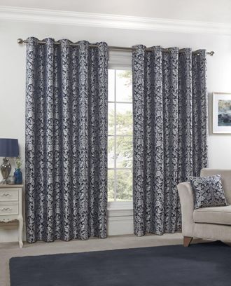 TJ Hughes Eden - Lined Eyelet Jacquard Curtains in Navy - TJ Hughes